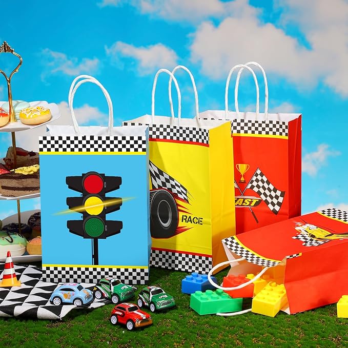 Outus 24 Pieces Race Car Party Favor Bags Car Birthday Party Supplies Goodie Gift Treat Bags with Handles for Checkered Flag Race Theme Two Fast Birthday Decorations Boy Gifts