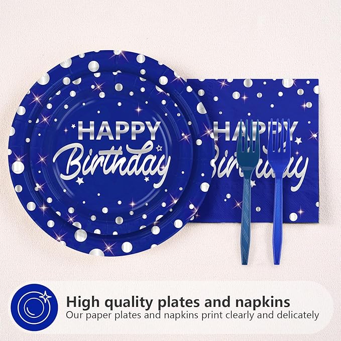 Grencian 96Pcs Blue and Silver Birthday Party Decorations Supplies Silver Polka Dots on Happy Birthday Blue Paper Plates and Napkins Disposable Tableware for Women Men Party Decorations Serves 24