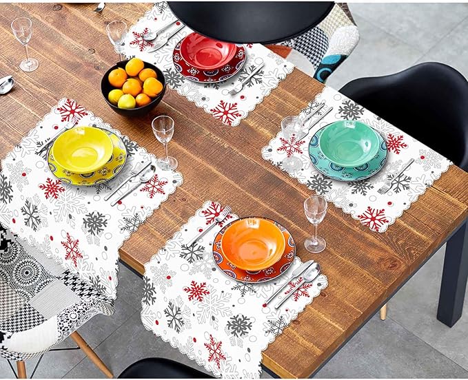 Christmas Snow Napkins Cloth Washable Set of 4 Snowflakes Red Gray Polyester Kitchen Dinner Napkins for Holiday Festive Wedding Decor 18 x 18 inch