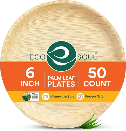 ECO SOUL 6 Inch Disposable Palm Leaf Plates [50 Pack] Premium Food-Safe Heavy Duty Compostable Bamboo Paper Plates for Dessert, Dinner, Apetizers, Weddings, Party, Camping & Catering Events [Round]