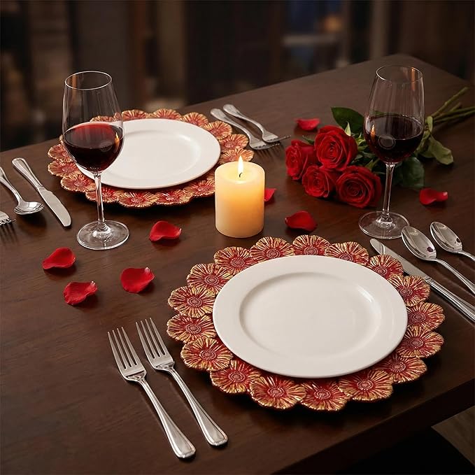 Red Charger Plates with Flower Rim, 13" Round Charger for Dinner Plates, Set of 6 Plastic Plate Chargers for Halloween, Thanksgivng, Christmas.