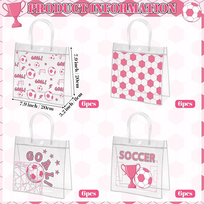 H1vojoxo Pink Soccer Gift Bags - 24PCS Pink Soccer Clear Goodie Bags with Handle 7.9x3.2x7.9 Inch Clear PVC Treat Bag for Team Girls Ball Themed Candy Snack Goody Bag for Sport Birthday Party Favor