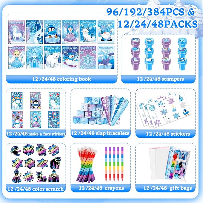 BenLouis 384pcs Frozen Party Favors Set for Kids Winter Snowflake Coloring Book Christmas School Classroom Gift Reward Prize Crafts Bulk for Students Frozen Birthday Goodie Bag Stuffers Supplies