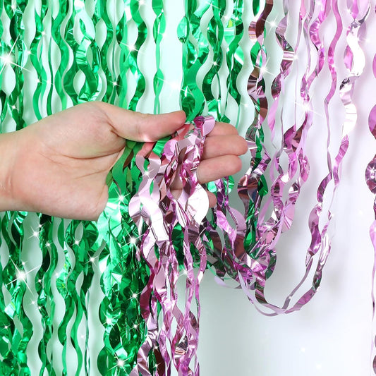 4 Pcs Green Pink Splicing Tinsel Backdrop, Tinsel Foil Fringe Curtains Wavy Backdrop for Parties,Shiny Streamers Party Decorations,Photo Booth Foil Curtain for Birthday Party Decorations,3.2ft × 6.6ft