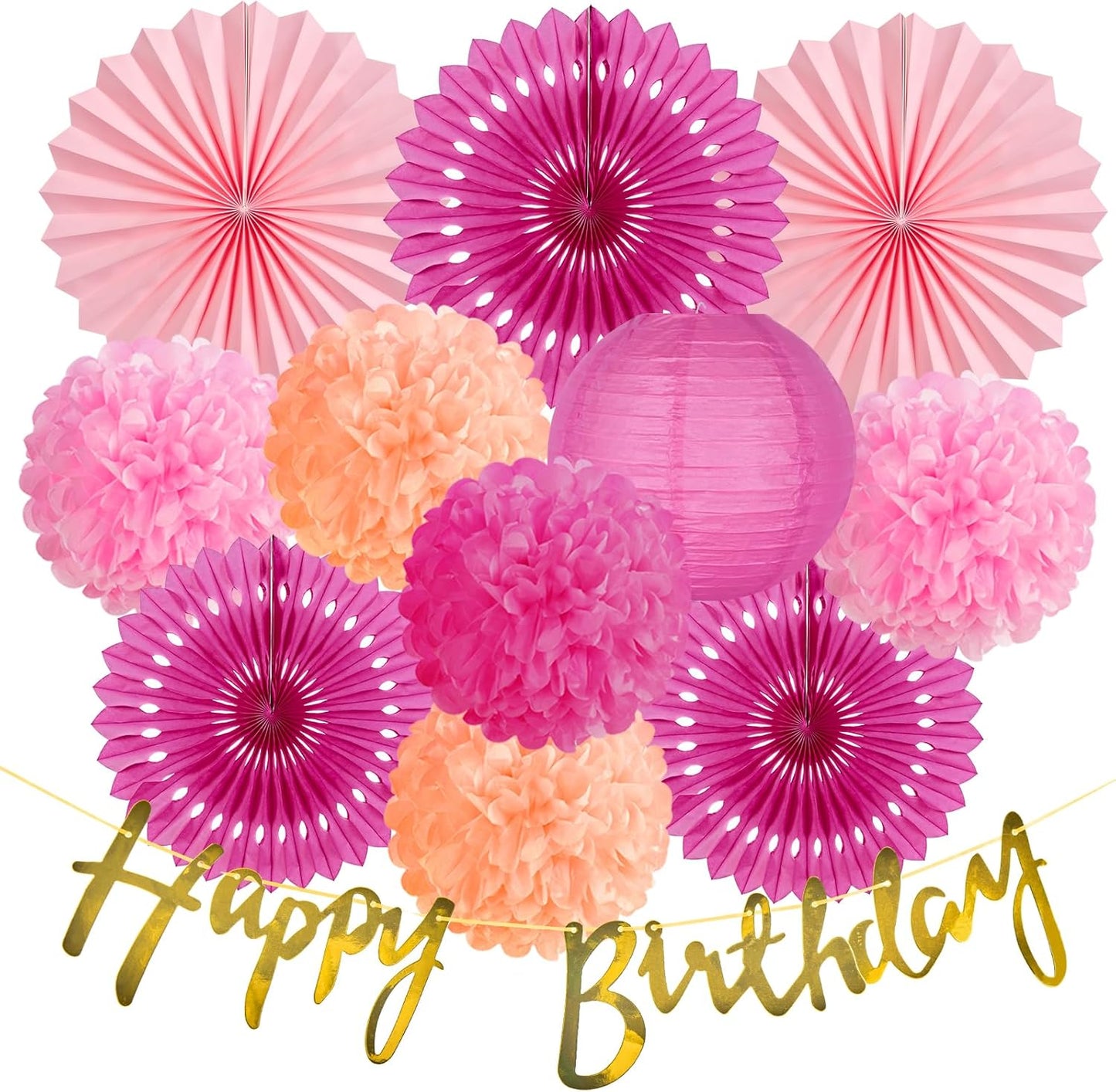 SUNBEAUTY Hot Pink Birthday Party Decorations for Girls Women with Happy Birthday Banner Hot Pink Paper Fans Tissue Pom Poms Lantern Decorations Birthday Decorations Kit