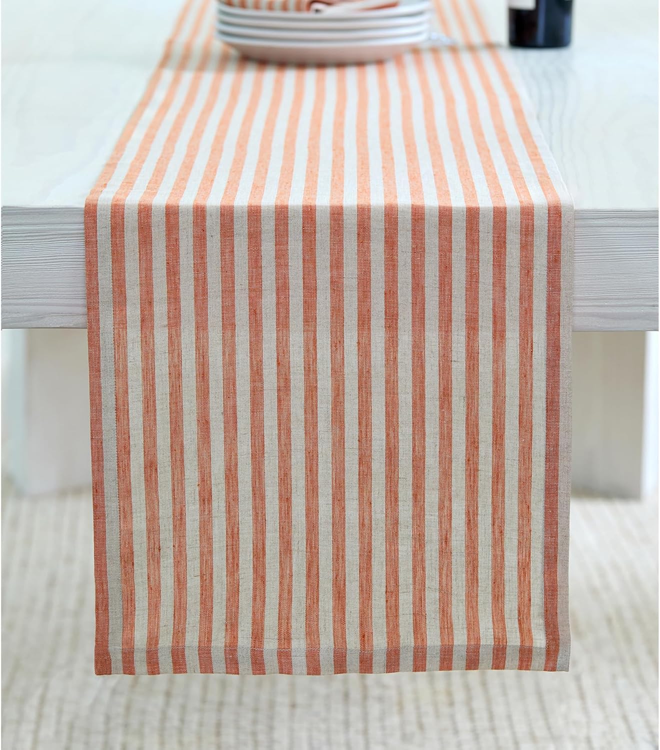 Solino Home Table Runner 108 Inches Long - Amalfi Stripe, 100% Pure Linen Pumpkin and Natural Table Runner 14 x 108 Inch for Dining, Fall, Autumn, Halloween, Thanksgiving