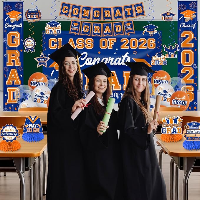 Graduation Decorations Class of 2026 Blue and Orange Graduation Party Decor Set include Congrats Grad Banner Backdrop Class of 2026 Balloons Party Supplies