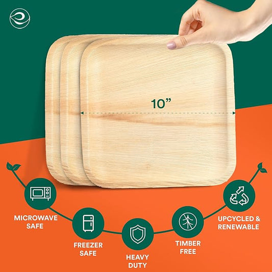 ECO SOUL 10 Inch Disposable Palm Leaf Plates [200 Pack] Premium Food-Safe Heavy Duty Compostable Bamboo Paper Plates for Lunch, Dinner, Birthday, Weddings, Party, Camping & Catering Events [Square]