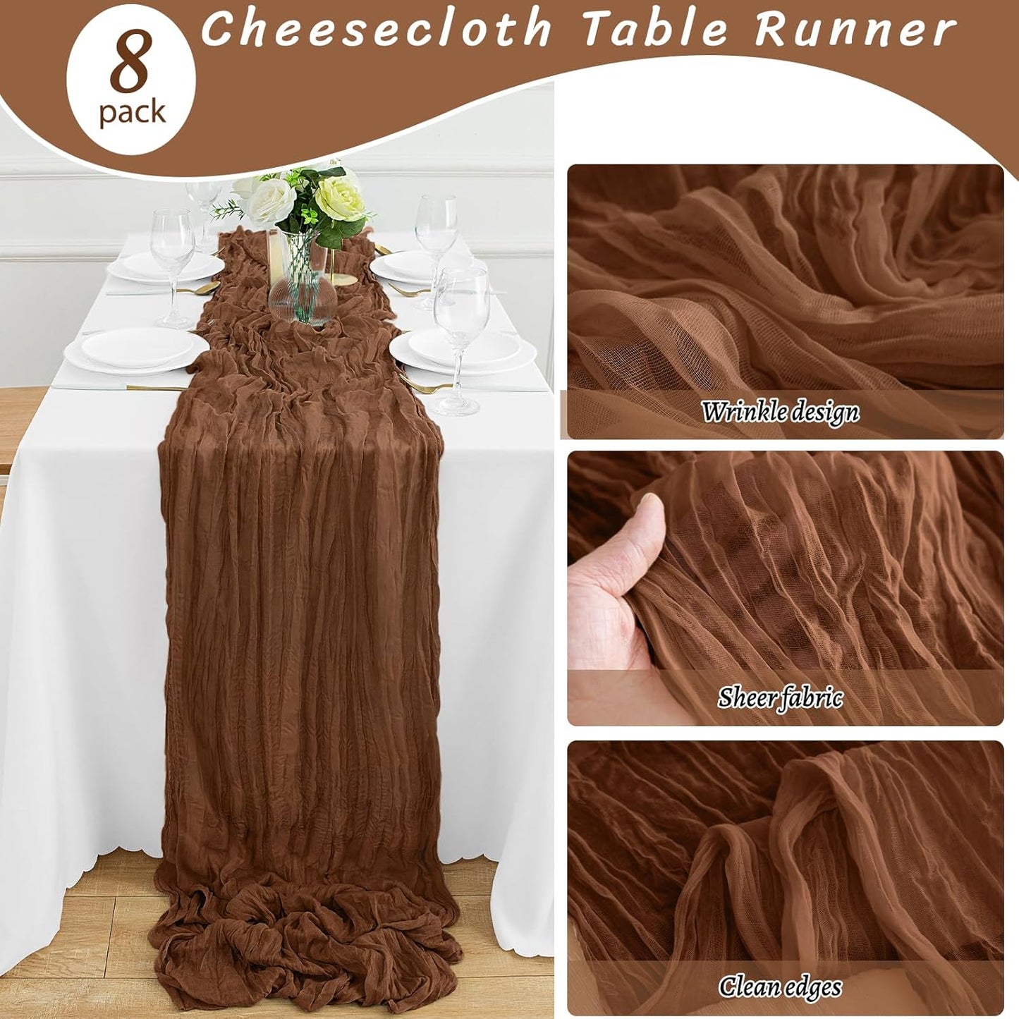 8Pack Brown Table Runner 10FT Cheesecloth Table Runner 35x120Inch Long Boho Cheese Cloth Table Runners Rustic Gauze Table Runners for Party Wedding Bridal Shower Baby Shower Decorations