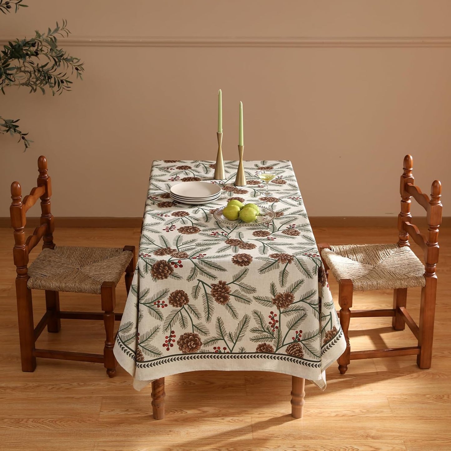 ISAENNE Designer Christmas Beige Linen Square Tablecloth,Pinecones Pattern Indoor Tablecloths,Wrinkle Resistant Decor Table Cloth for Dining Thanksgiving Kitchen Christmas,67"*67"-Carol B