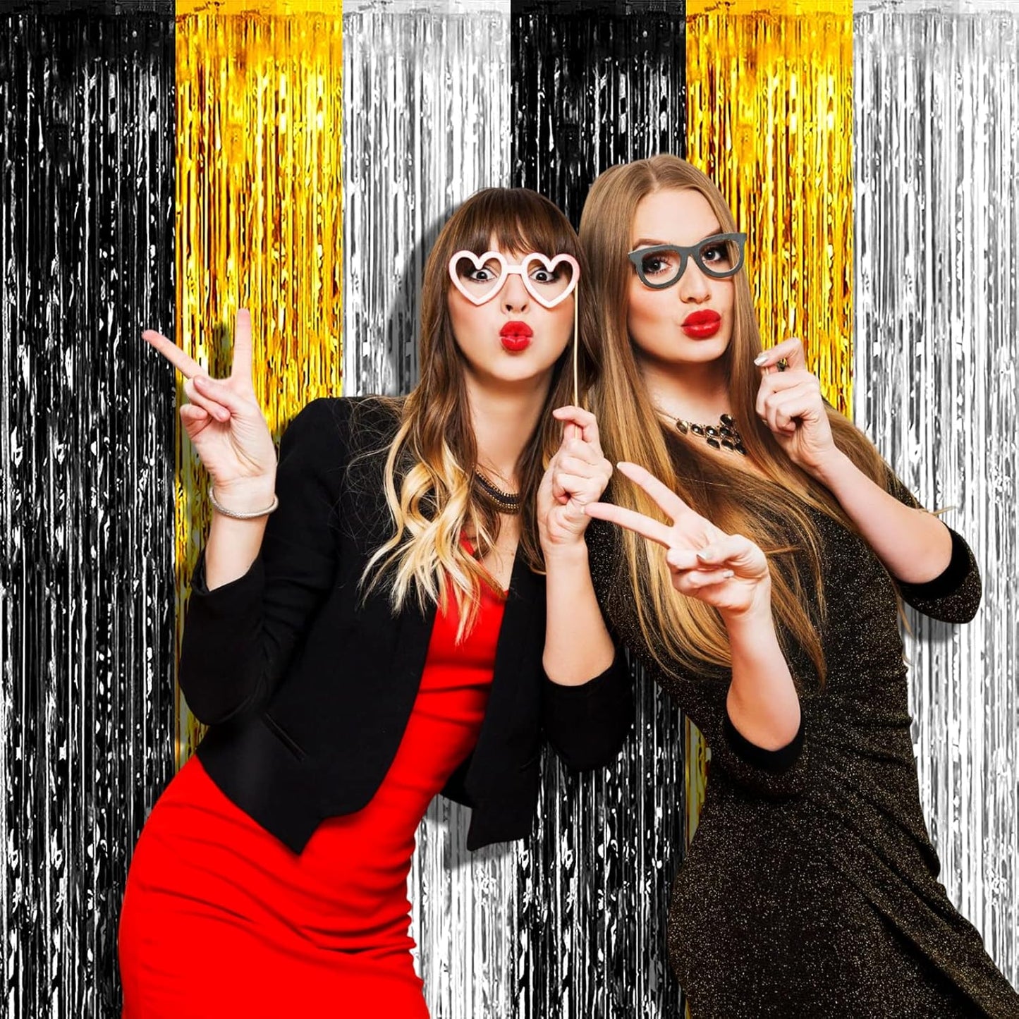 4 Pack 3.2Ft x 6.6Ft Black Gold Silver Foil Fringe Curtain Backdrop, Metallic Tinsel Foil Fringe Streamers Curtains Background for Notorious One Birthday Roaring 20s Graduation Party Decoration