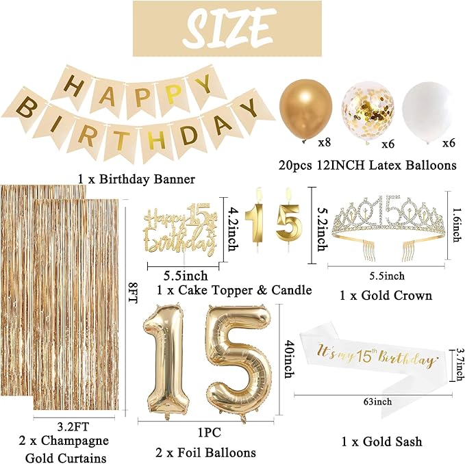 Trgowaul 15th Birthday Decorations for Girls, Banner, Sash and Crown, Cake Topper, 15 Number Balloon, Fringe Curtains, Champagne Gold 15th Birthday Party Supplies