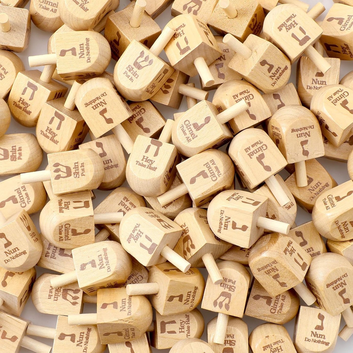 Wettarn 100 Pieces Hanukkah Dreidels Bulk Wooden Hanukkah Dreidels with Game Instruction Cards for Party Game(Size 1,Basic Style)