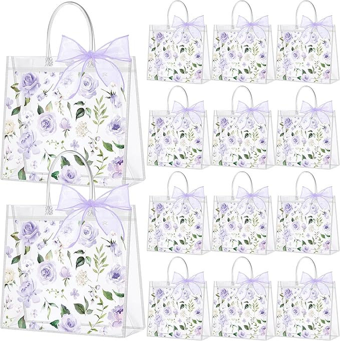 Wesnoy 24 Pcs Clear Floral Gift Bags with Handles Rose Purple Flower PVC Treat Tote Bag for Tea Birthday Party Wedding Bridal Shower Bachelorette Anniversary Engagement Guests, 7.8 x 7.8 x 3.2 Inch