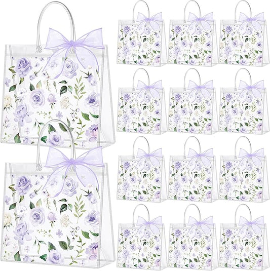 Wesnoy 24 Pcs Clear Floral Gift Bags with Handles Rose Purple Flower PVC Treat Tote Bag for Tea Birthday Party Wedding Bridal Shower Bachelorette Anniversary Engagement Guests, 7.8 x 7.8 x 3.2 Inch