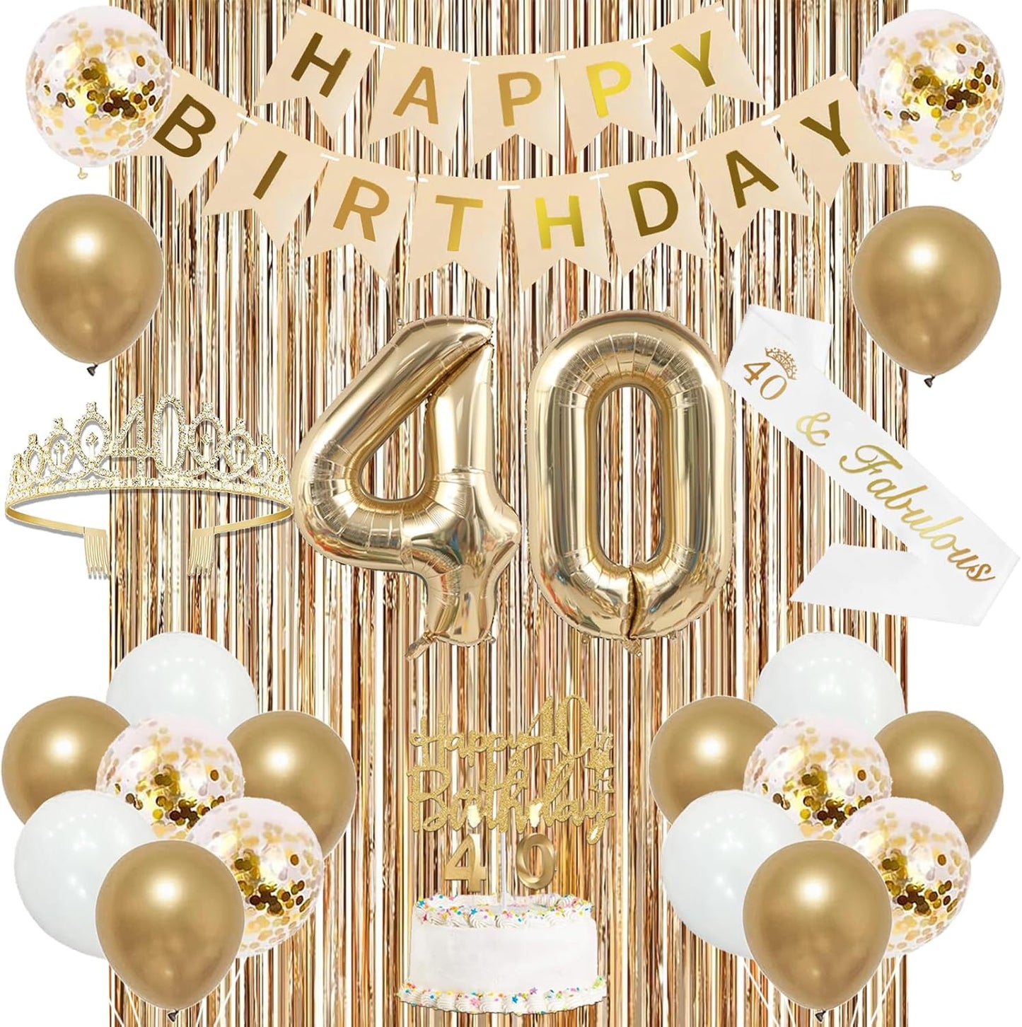 Trgowaul 40th Birthday Decorations for Women, Banner, Sash and Crown, Cake Topper, 40 Number Balloon, Fringe Curtains, Champagne Gold 40th Birthday Party Supplies