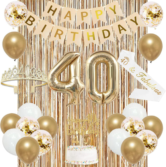 Trgowaul 40th Birthday Decorations for Women, Banner, Sash and Crown, Cake Topper, 40 Number Balloon, Fringe Curtains, Champagne Gold 40th Birthday Party Supplies