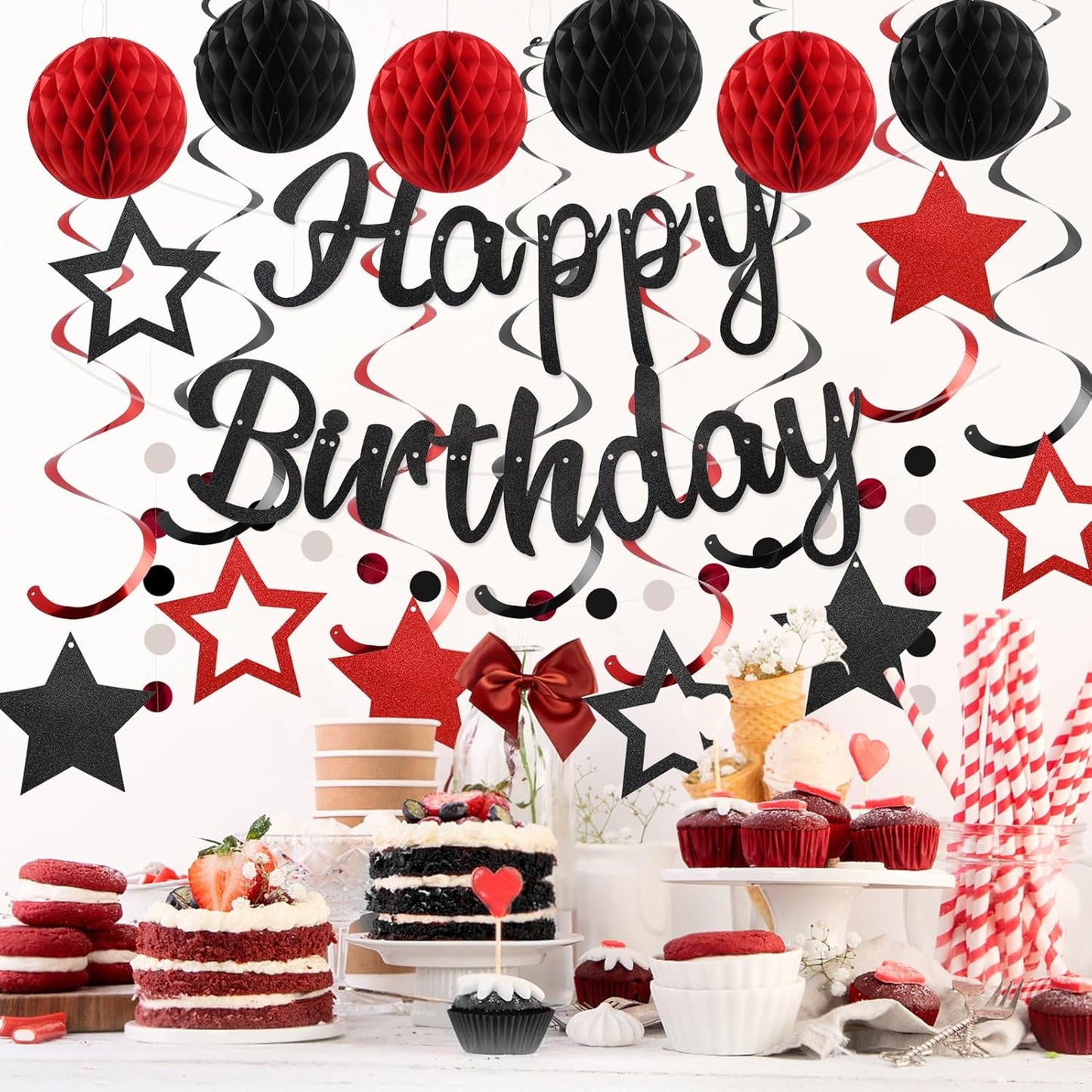Birthday Decorations, NO DIY, Pre-Strung Happy Birthday Banner with Honeycomb Balls, Hanging Swirls, Circle Dots Garland, Happy Birthday Party Decorations for Women Men Boy Girl (Red&Black)