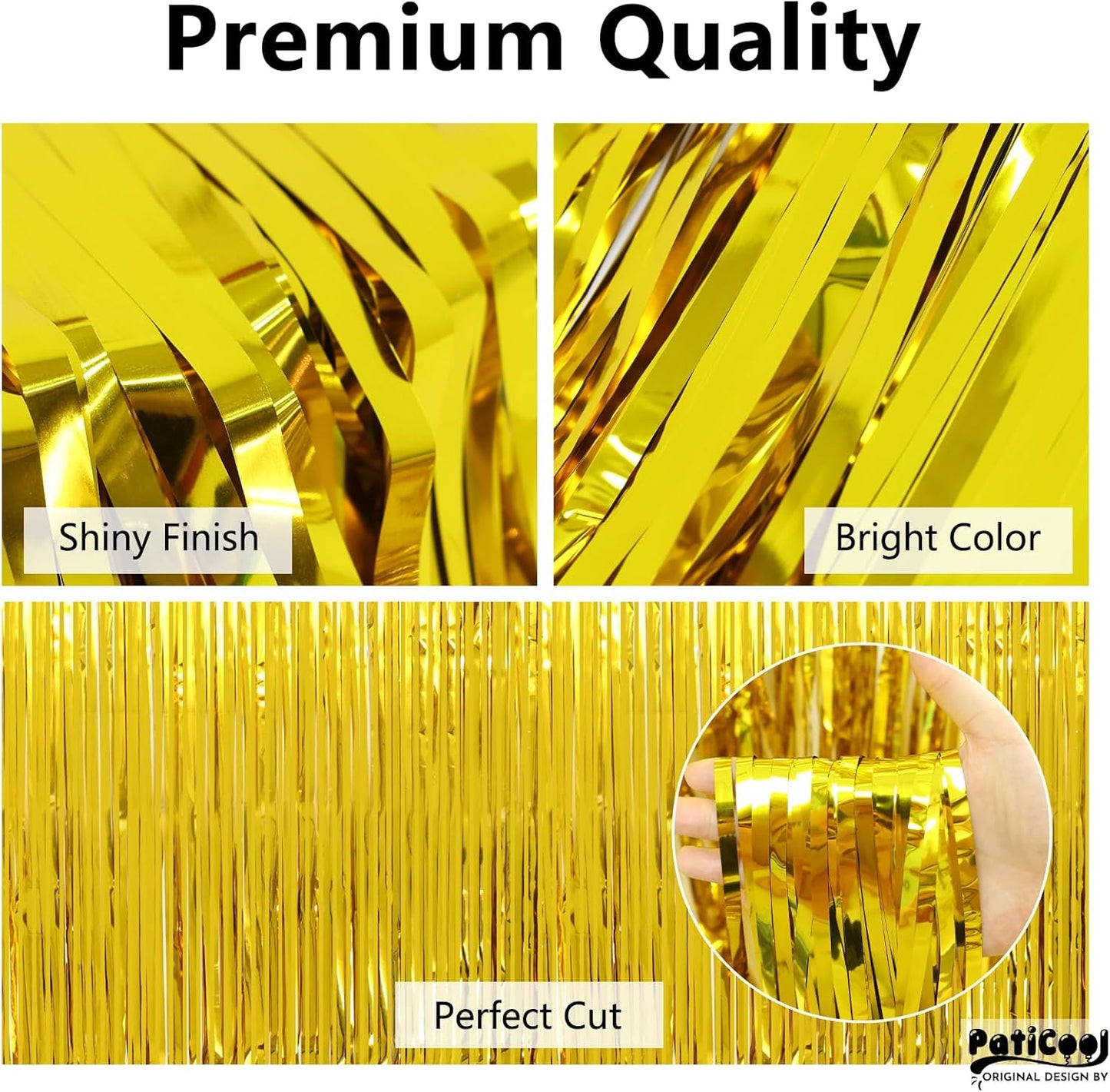 Gold Streamers Graduation Decorations - Thicken 2 Pack 3.2 x 8.2 FT - Golden Tinsel Foil Fringe Backdrop Curtains Party Backdrop for Birthday, Prom, Hollywood, Anniversary Party Decorations