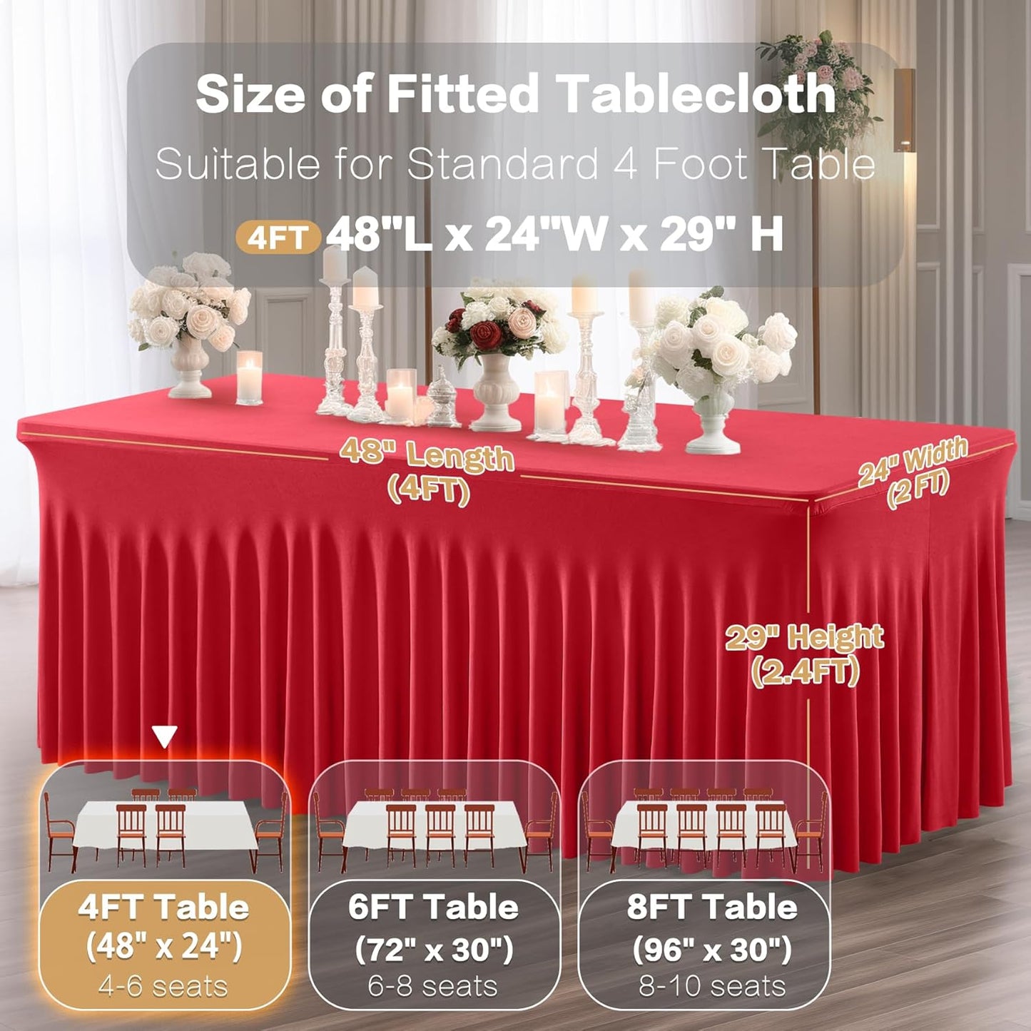 2 Packs Red Spandex Table Clothes for 4 Foot Rectangle, Stretch Christmas Skirts Wrinkle-Free Fitted Cover for Event, Wedding, Banquet & Parties