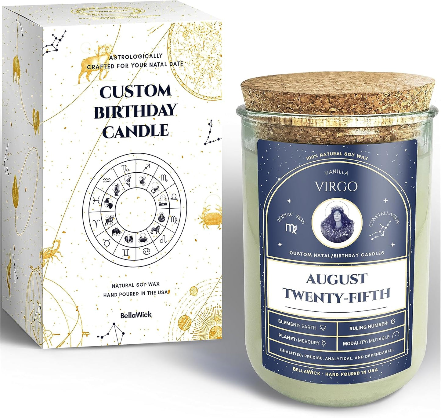 Birthday Candles - Custom Birthdate Astrological Zodiac Scented Candles. Astrology Gifts. All Natural Soy Wax. 75+ Hour Burn Time. Made in USA - August 25