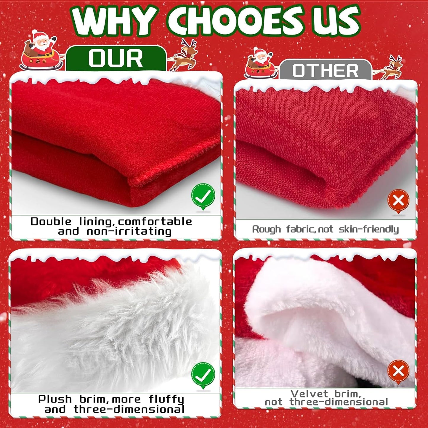 Santa Hats Adult, Christmas Hats for Women or Men, Gorros De Navidad Classic Extra Thicken Plush Xmas Santa Hat for New Year, Unisex Adult Size 4Pcs