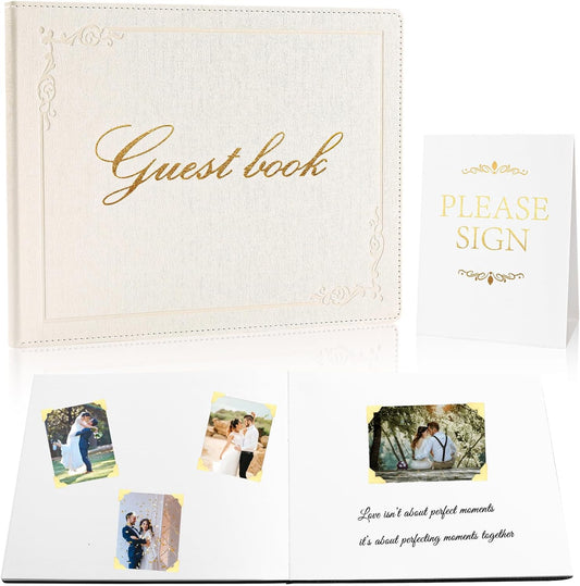 8x10 Leather Guest Book and Standup Sign Set, Gold Foiled Cover Registry Book for Wedding Reception, Retirement Party, Vacation Homes and Events, 120 Sheets (White Blank)