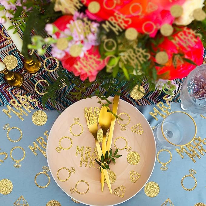 220 Pieces Gold Wedding Table Confetti, Paper Mr and Mrs Gold Diamond Ring Circle Dots Diamond Glitter Confetti for Marriage Ceremony Anniversary Valentine