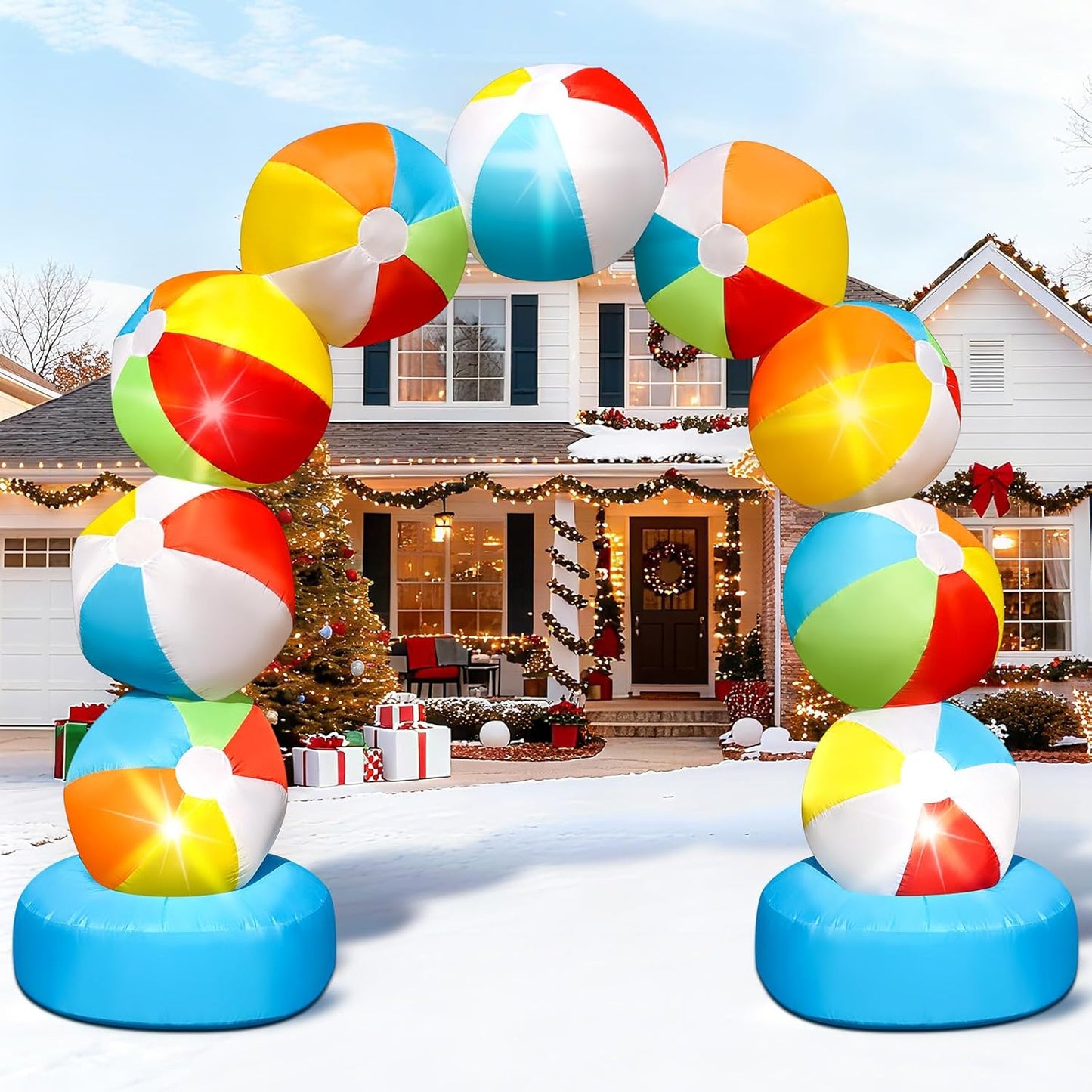 8FT Christmas Inflatable Beach Ball Arch Blow Up Arch Built-in 5 LED Lights for Winter Inflatables Outdoor Decorations Birthday Party Favors Xmas Party Supplies for Pool Beach Yard Lawn Garden Decor