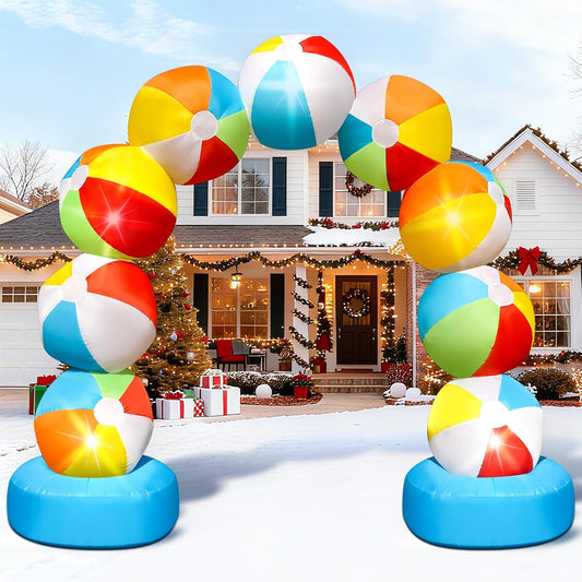8FT Christmas Inflatable Beach Ball Arch Blow Up Arch Built-in 5 LED Lights for Winter Inflatables Outdoor Decorations Birthday Party Favors Xmas Party Supplies for Pool Beach Yard Lawn Garden Decor