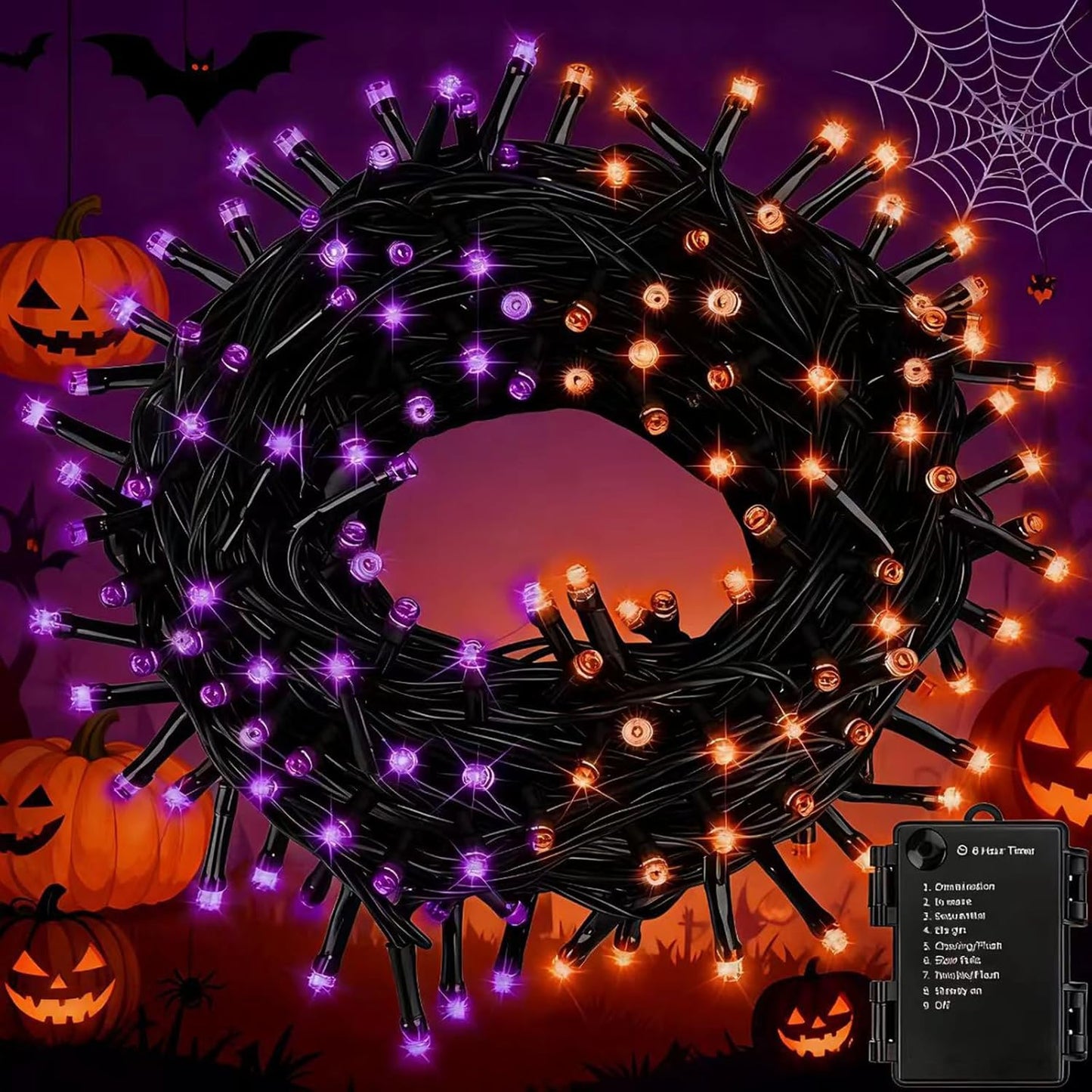 Purple&Orange Halloween Lights, 33FT 100 LED Outdoor String Light with Timer & 8 Modes, 3AA Battery Operated Waterproof String Light for Outdoor and Indoor Halloween Decor