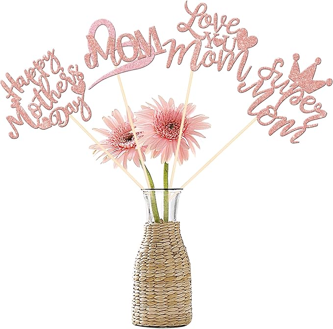 12 PCS Happy Mother's Day Centerpiece Sticks Double Sided Love Super Mom Best Mom Centerpieces for Happy Mother's Day Theme Table Flower Decorations Women Birthday Party Supplies Rose Gold
