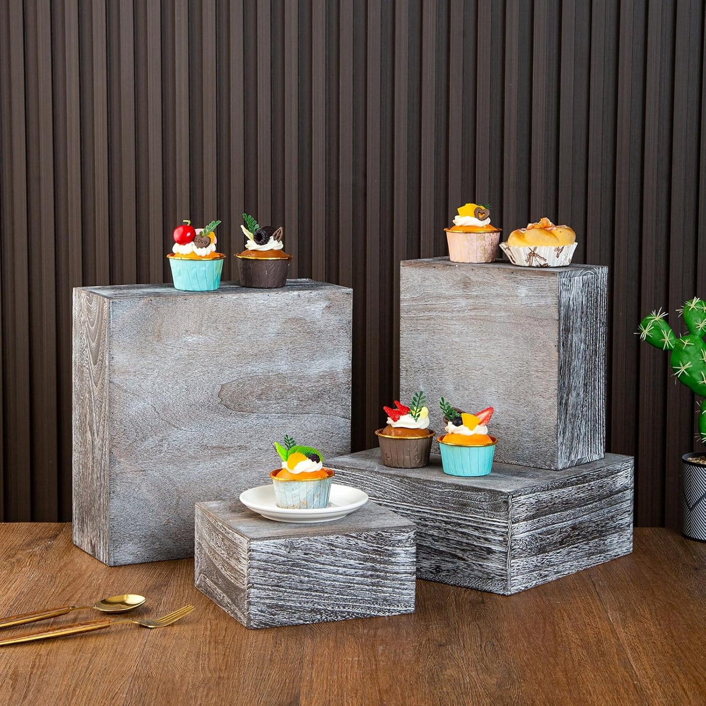 Vintage Brown Square Wooden Cake Stands For Display,Set Of 4 Wood Cupcake Stands Risers, 12 Inches Rustic Wood Crates For Wedding Cake Display,Square Wooden Display Risers For Home Decor . (Vintage Black)