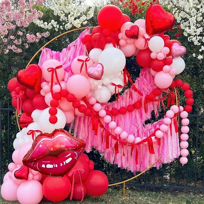 Galentine's Day Decoration Valentine's Day Balloon Arch Kit - 153Pcs White Pink Red Heart Balloons & Red Lip Foil Balloon Garland with Red Ribbon for Mother's Day, Wedding, Birthday Party Decorations