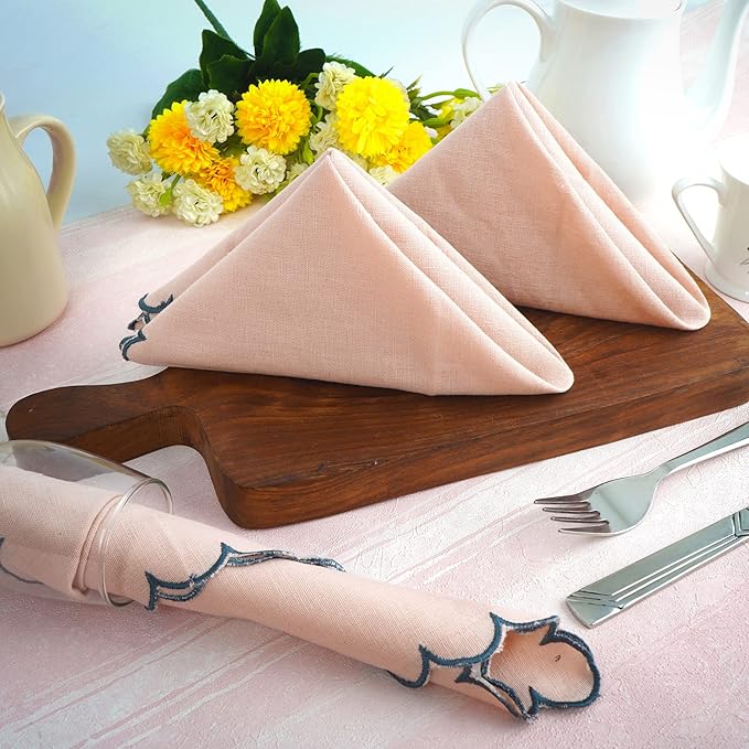 FINGERCRAFT Cloth Napkins, Everyday Use Reversible Scallop Design, Premium Quality Cotton Linen Blend Napkin Set of 6 Perfect for Parties Dinners Weddings Easter Napkin Cloth 20x20 Inch Dusty Pink