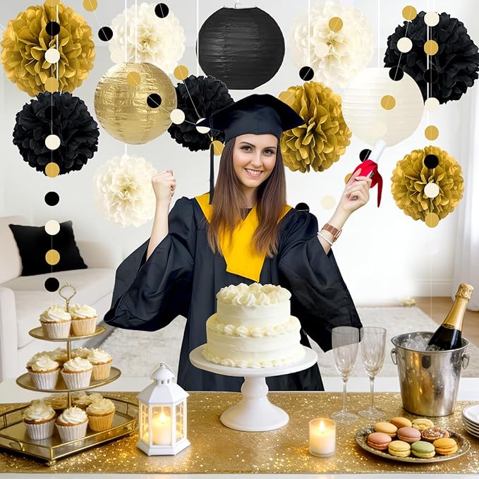 14PCS Black and Gold Party Decorations, Tissue Paper Pom Poms, Paper Lanterns & Polka Dot Paper Garland for 2026 New Year Party Graduation Birthday Wedding Engagement Retirement Party