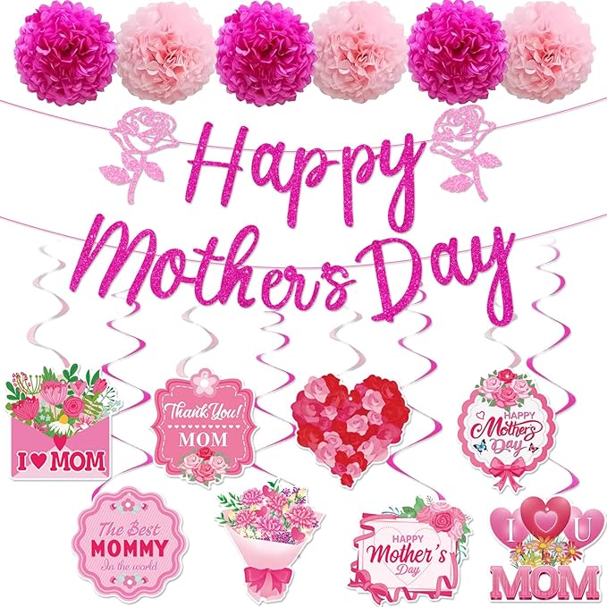 Happy Mothers Day Decorations Party Supplies Kit - Includes Glitter Happy Mother's Day Banner, 6 Paper Pom Poms, Hanging Swirls with Best Mom Ever - Rose Floral Mothers Day Theme Decor for Home Indoor