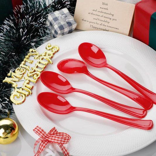WDF 100 Pack Christmas Plastic Spoons - 6.9 Inch Heavy Duty Red Disposable Plastic Spoons, Modern Red Disposable Spoons Perfect for Christmas