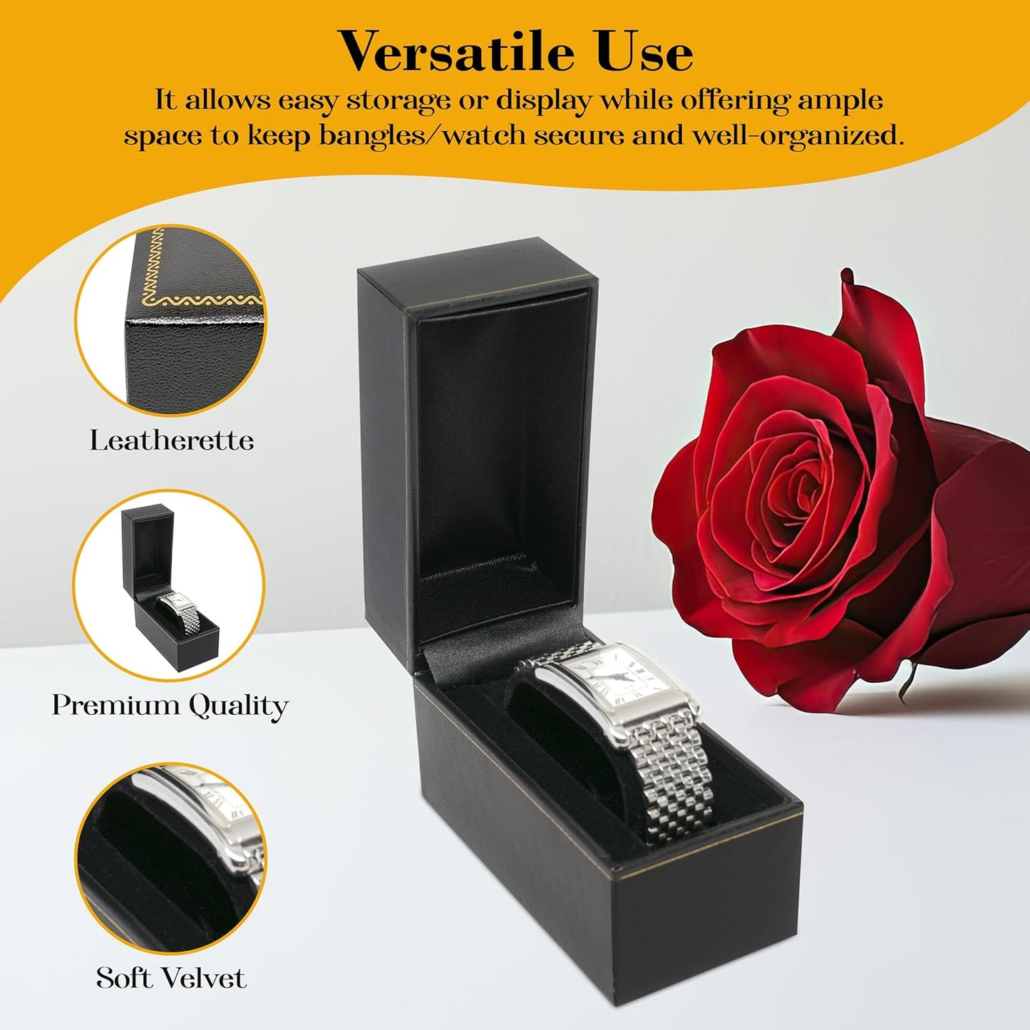 Novel Box Black Jewelry Box for Bangle/Watch 2.12x3.37x2.87 Inch - Watch/Bangles Gift Boxes with Gold Trim - Faux Leatherette Bangle/Watches Storage Case - Gift Presentation Cases for Bangle/Watch