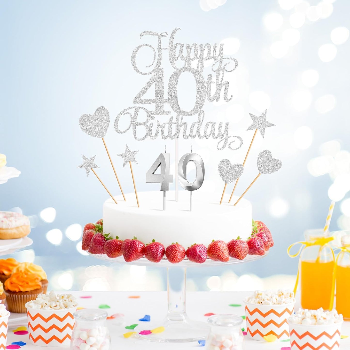 40th Birthday Cake Decorations, 40th Birthday Candles Cake Numeral Candles and Glitter Happy 40th Birthday Cake Toppers Set for Birthday Party Supplies (Silver)