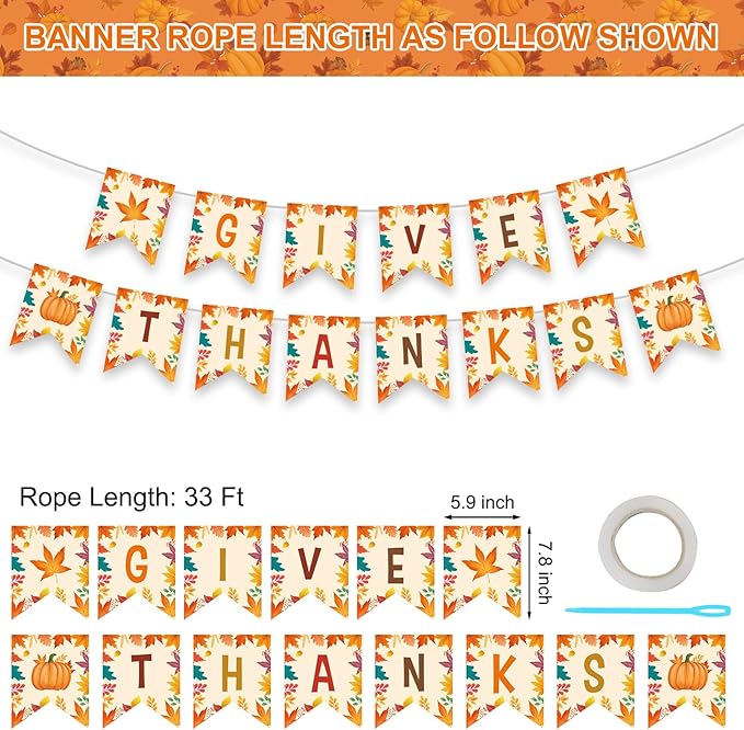 Give Thanks Banner - Happy Thanksgiving Decorations Banners, Fall Maple Leaf Pumpkin Sign Garland Backdrop Banner for Thanksgiving Party Supplies Favors Indoor Outdoor Home Office Wall Door Decor
