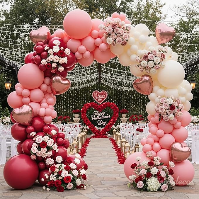 131Pcs Burgundy Red and Pink Valentines Balloons Arch Kit with Ivory & Rose Gold Heart Shaped Foil Balloons - Birthday, Proposal, Valentine's Day Decorations, Mother's Day, Wedding, Party Backdrop