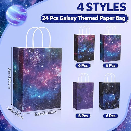 Gaillty 24 Pcs Galaxy Party Favor Bags Starry Sky Goodie Gift Bags with Handles Kraft Paper Galaxy Treat Candy Totes for Space Stars Themed Birthday Party Supplies Decorations