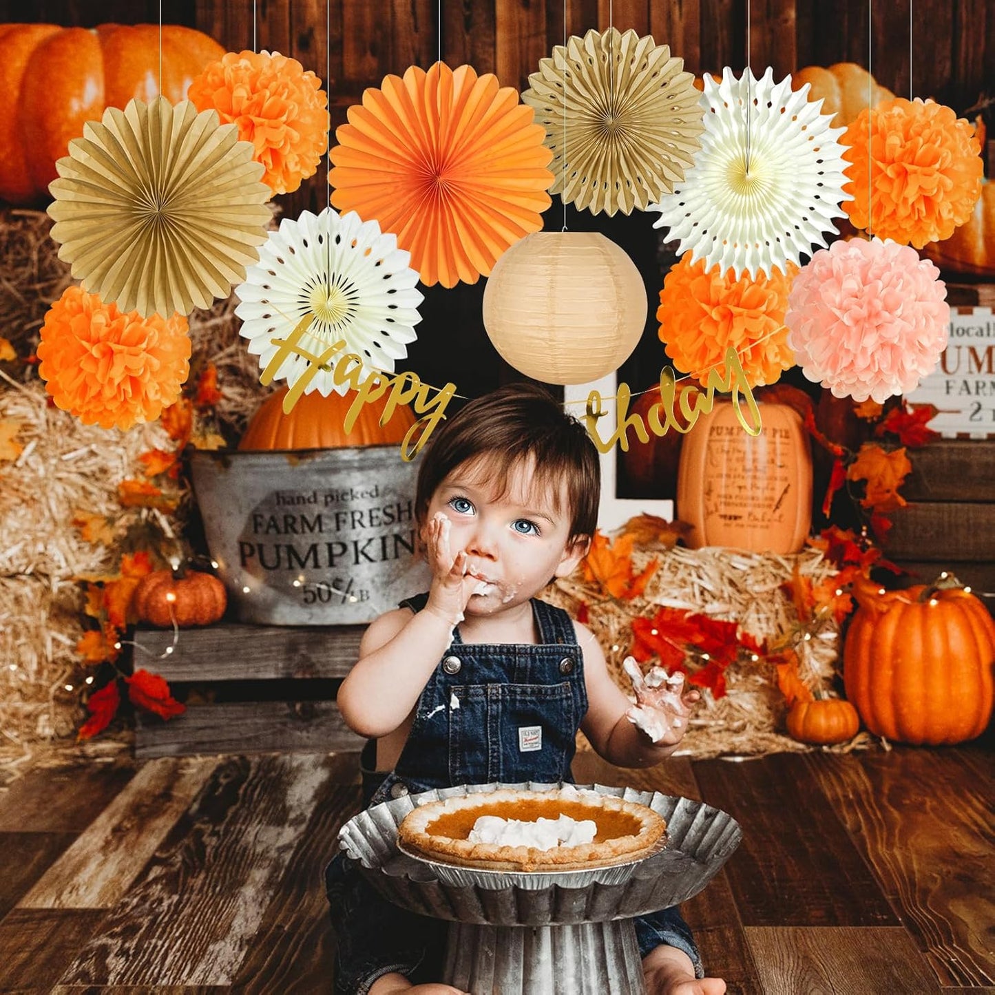 SUNBEAUTY Orange Birthday Party Decorations for Girls Women with Happy Birthday Banner Fall Hanging Paper Fans Tissue Pom Poms Lanterns for Wedding Autumn Thanksgiving Festival Party Decor