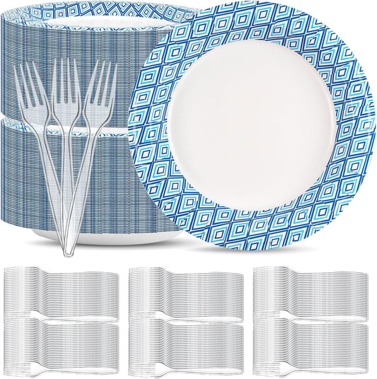 Charmount 300Pcs Paper Plates 8.5 Inch Bulk, 150 Disposable Plates with 150 Clear Plastic Forks, Soak-Proof Tableware for Daily Use, Breakfast, Lunch, Dinner, Party, Camping