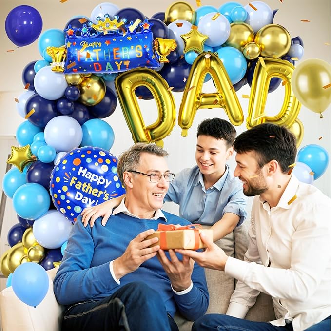 Father's Day Balloon Arch, Navy Blue Metallic Gold Light Blue Balloon Garland Kit with Large Dad Party Balloons, Dad Letter Foil Balloons for Father's Day Party Decorations