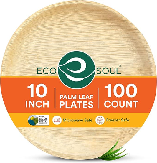 ECO SOUL 10 Inch Disposable Palm Leaf Plates [100 Pack] Premium Food-Safe Heavy Duty Compostable Bamboo Paper Plates for Lunch, Dinner, Birthday, Weddings, Party, Camping & Catering Events [Round]