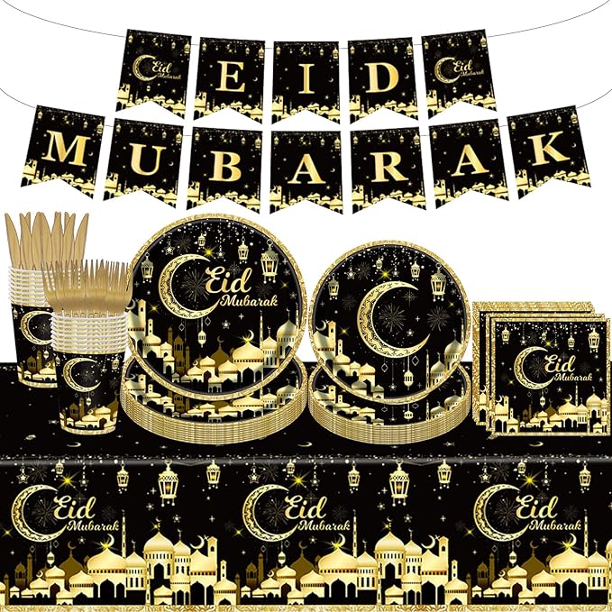 98PCS Eid Mubarak Party Supplies Black and Gold Ramadan Tableware Set Ramadan Mubarak Paper Plates and Napkins Eid Mubarak Party Decorations Eid Al-fitr Party Disposable Dinnerware Set for 16 Guests