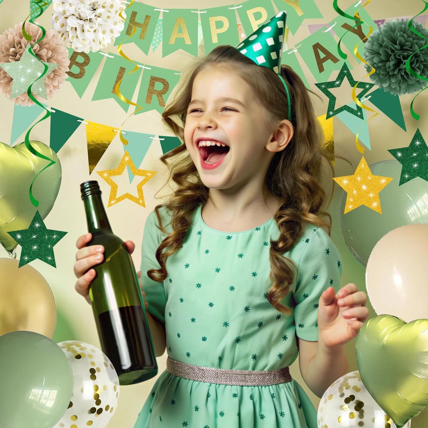 Happy Birthday Decorations for Women and Girls Sage Green Retro Rustic Neutral Boho Party Supplies - Banner, Fringe Curtains, Pom Poms, Hanging Swirls, Balloons, Cake Toppers