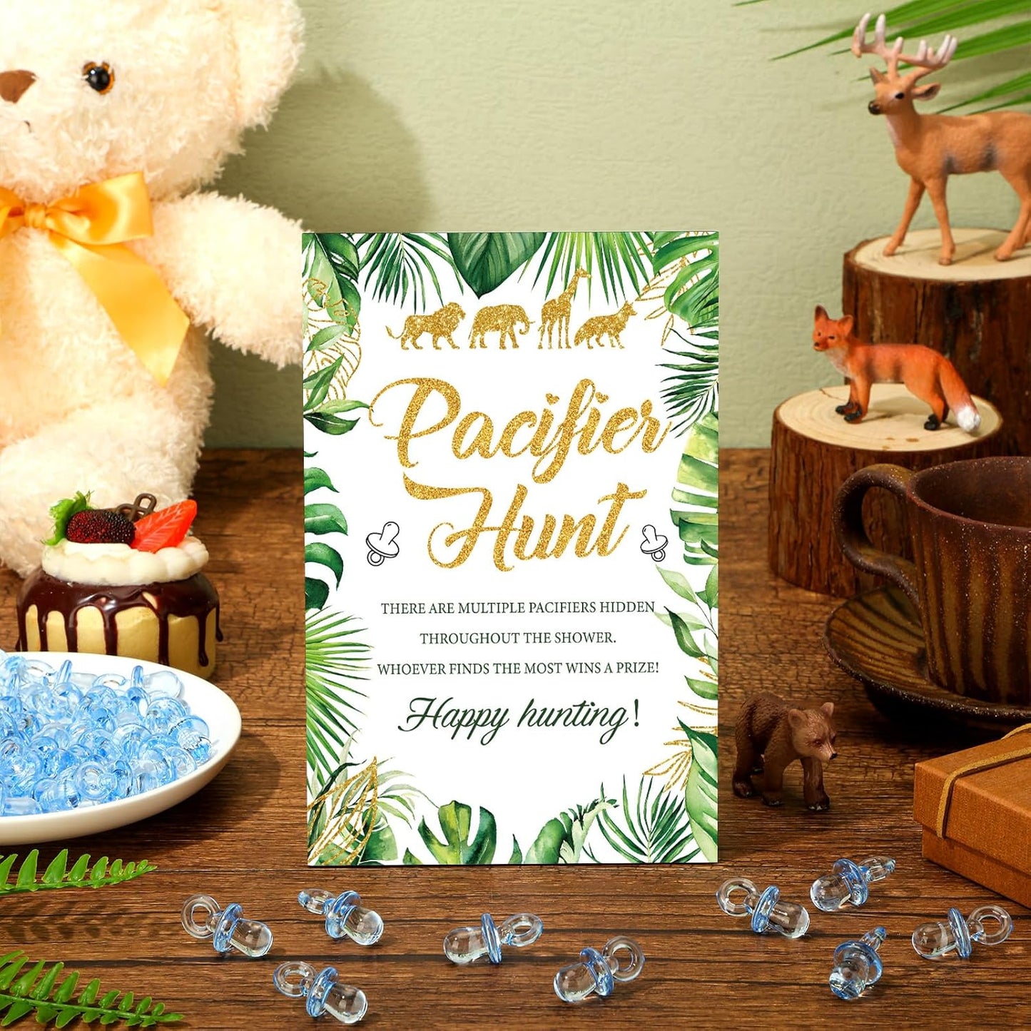 Thyle 51 Pcs Pacifier Hunt Baby Shower Games Include Hunt Sign and 50 Acrylic Pacifiers for Baby Shower Game Decoration Gift Sets Gender Reveal Party Decor(Jungle Animals)